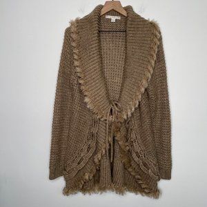 Boston Proper Size Large Crochet Fur Trim Sweater Wool Blend Cardigan